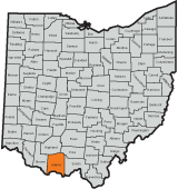 Adams County County highlighted on the map of Ohio
