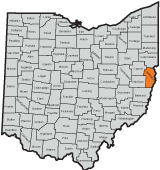 Jefferson County County highlighted on the map of Ohio
